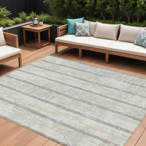 Homeroots 3' Artichoke Green Gray Ivory Striped Washable Area Rug For Indoor Outdoor Use, Durable & Stylish 8' X 10' Polyester 592734