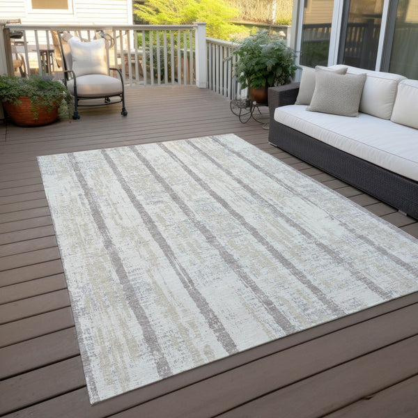 Homeroots 3' Artichoke Green Gray Ivory Striped Washable Area Rug For Indoor Outdoor Use, Durable & Stylish 8' X 10' Polyester 592734