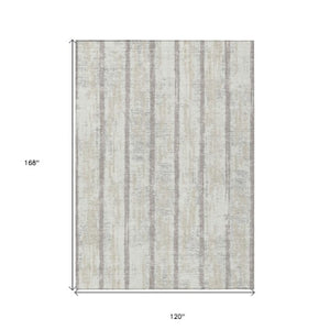 Homeroots 3' Artichoke Green Gray Ivory Striped Washable Area Rug For Indoor Outdoor Use, Durable & Stylish 10' X 14' Polyester 592736