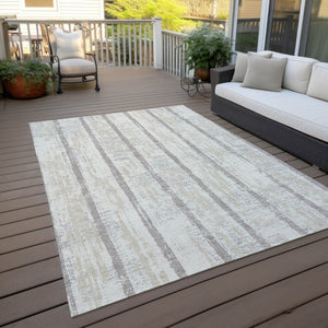 Homeroots 3' Artichoke Green Gray Ivory Striped Washable Area Rug For Indoor Outdoor Use, Durable & Stylish 10' X 14' Polyester 592736