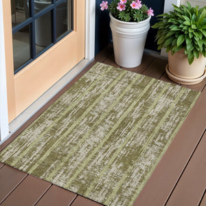 Homeroots 3' Artichoke Green Gray Ivory Striped Washable Area Rug For Indoor Outdoor Use, Durable & Stylish 3' X 5' Polyester 592743
