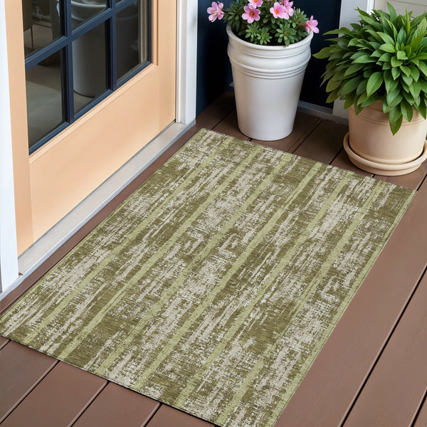 Homeroots 3' Artichoke Green Gray Ivory Striped Washable Area Rug For Indoor Outdoor Use, Durable & Stylish 3' X 5' Polyester 592743