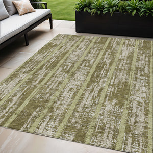 Homeroots 3' Artichoke Green Gray Ivory Striped Washable Area Rug For Indoor Outdoor Use, Durable & Stylish 5' X 8' Polyester 592744