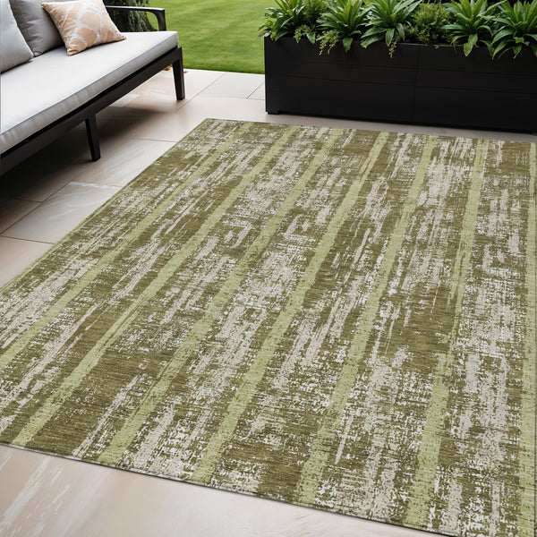 Homeroots 3' Artichoke Green Gray Ivory Striped Washable Area Rug For Indoor Outdoor Use, Durable & Stylish 5' X 8' Polyester 592744