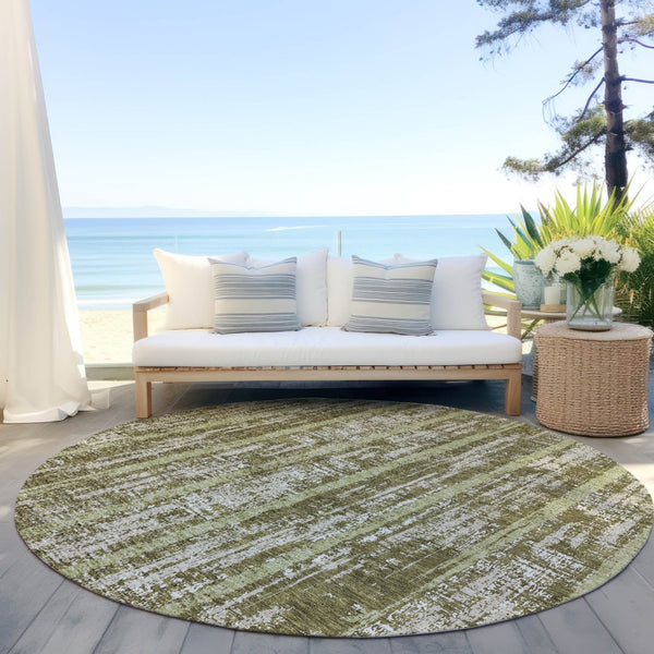 Homeroots 3' Artichoke Green Gray Ivory Striped Washable Area Rug For Indoor Outdoor Use, Durable & Stylish 8' Round Polyester 592745