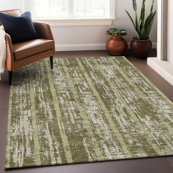Homeroots 3' Artichoke Green Gray Ivory Striped Washable Area Rug For Indoor Outdoor Use, Durable & Stylish 9' X 12' Polyester 592747