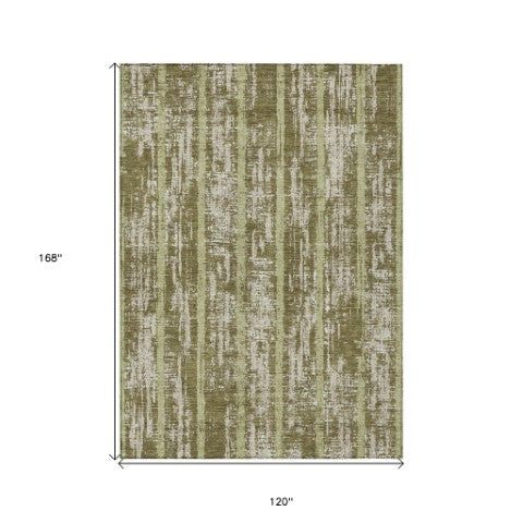 Homeroots 3' Artichoke Green Gray Ivory Striped Washable Area Rug For Indoor Outdoor Use, Durable & Stylish 10' X 14' Polyester 592748