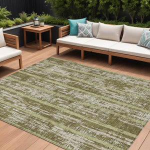 Homeroots 3' Artichoke Green Gray Ivory Striped Washable Area Rug For Indoor Outdoor Use, Durable & Stylish 10' X 14' Polyester 592748
