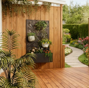 English Elm Freestanding Metal Planter with Trellis Panel for Climbing Vines on Patio or Balcony T3971P422011
