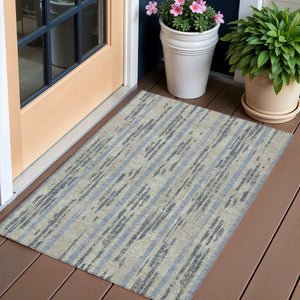 Homeroots 3' Artichoke Green Gray Ivory Striped Washable Area Rug For Indoor Outdoor Use, Durable & Stylish 3' X 5' Polyester 592767