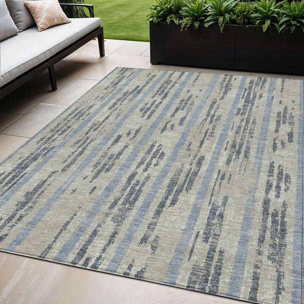 Homeroots 3' Artichoke Green Gray Ivory Striped Washable Area Rug For Indoor Outdoor Use, Durable & Stylish 5' X 8' Polyester 592768