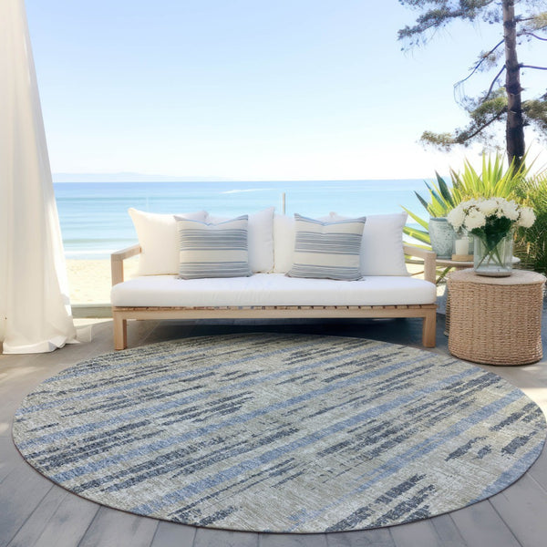 Homeroots 3' Artichoke Green Gray Ivory Striped Washable Area Rug For Indoor Outdoor Use, Durable & Stylish 8' Round Polyester 592769