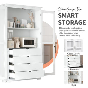 English Elm Topmax Solid Pine Pantry Cabinet with Glass Doors Four Drawers Farmhouse Storage White SP000086AAK