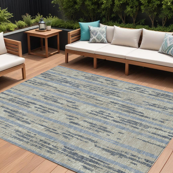 Homeroots 3' Artichoke Green Gray Ivory Striped Washable Area Rug For Indoor Outdoor Use, Durable & Stylish 8' X 10' Polyester 592770
