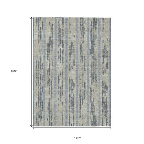 Homeroots 3' Artichoke Green Gray Ivory Striped Washable Area Rug For Indoor Outdoor Use, Durable & Stylish 10' X 14' Polyester 592772