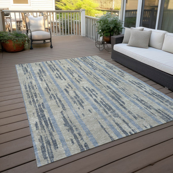 Homeroots 3' Artichoke Green Gray Ivory Striped Washable Area Rug For Indoor Outdoor Use, Durable & Stylish 10' X 14' Polyester 592772
