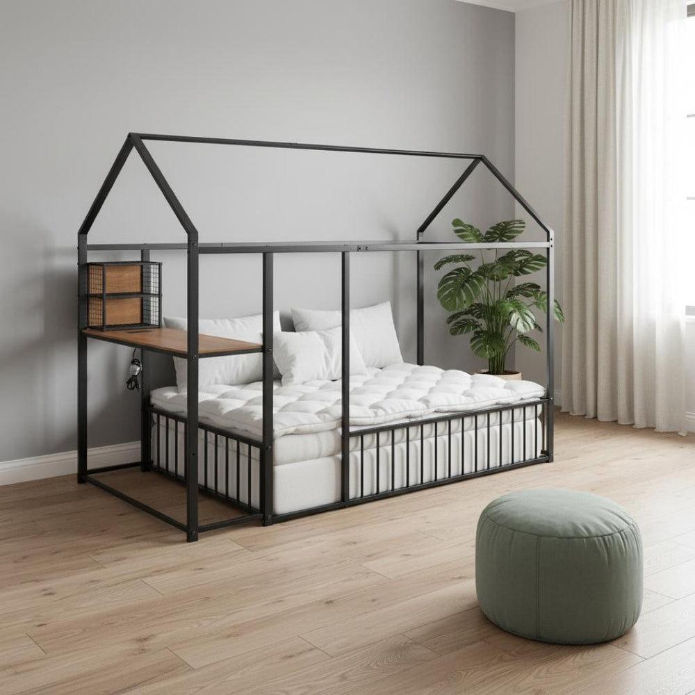 HomeRoots Black Metal Twin House Bed Frame with Built-In USB Port – Stylish, Durable, and Space-Saving Design 592781