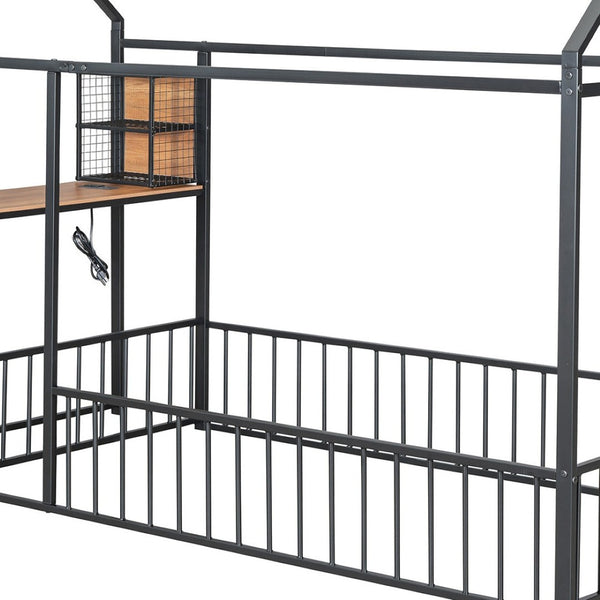 HomeRoots Black Metal Twin House Bed Frame with Built-In USB Port – Stylish, Durable, and Space-Saving Design 592781