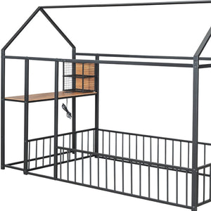 HomeRoots Black Metal Twin House Bed Frame with Built-In USB Port – Stylish, Durable, and Space-Saving Design 592781