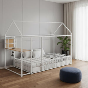 HomeRoots White Metal Twin House Bed with Built-In USB Port - Modern Design for Kids & Teens' Rooms, 300 lb Capacity 592782
