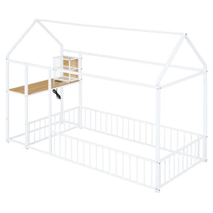 HomeRoots White Metal Twin House Bed with Built-In USB Port - Modern Design for Kids & Teens' Rooms, 300 lb Capacity 592782