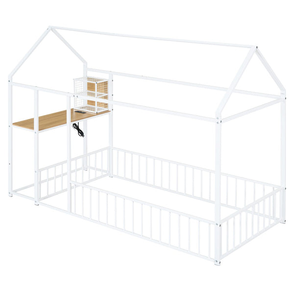 HomeRoots White Metal Twin House Bed with Built-In USB Port - Modern Design for Kids & Teens' Rooms, 300 lb Capacity 592782