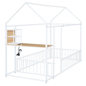 HomeRoots White Metal Twin House Bed with Built-In USB Port - Modern Design for Kids & Teens' Rooms, 300 lb Capacity 592782