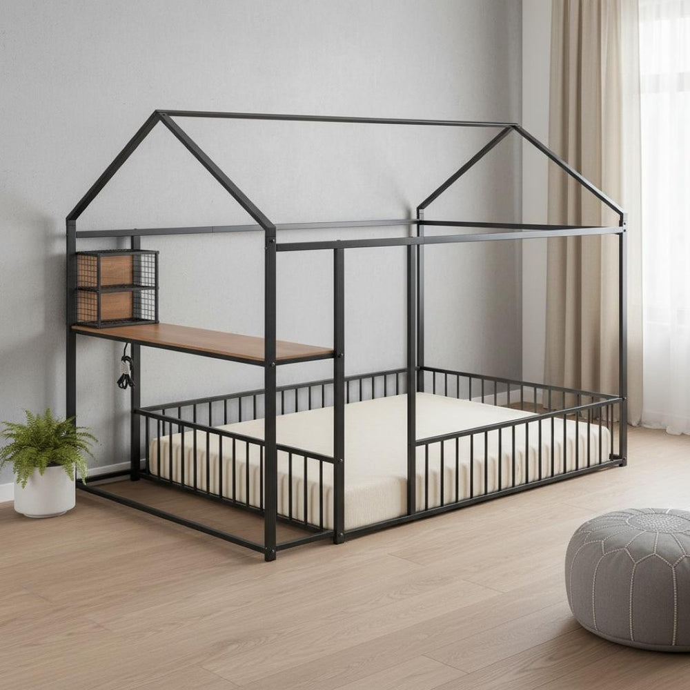 HomeRoots Black Metal Full House Bed Frame with USB Port - Stylish, Durable Design for Ultimate Comfort & Convenience 592783