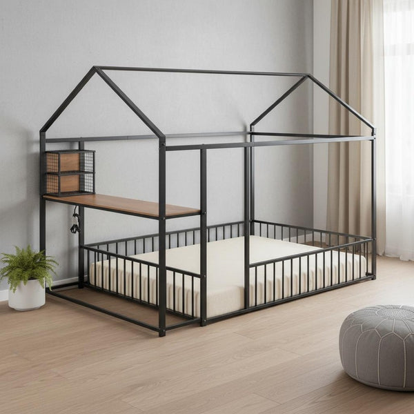 HomeRoots Black Metal Full House Bed Frame with USB Port - Stylish, Durable Design for Ultimate Comfort & Convenience 592783