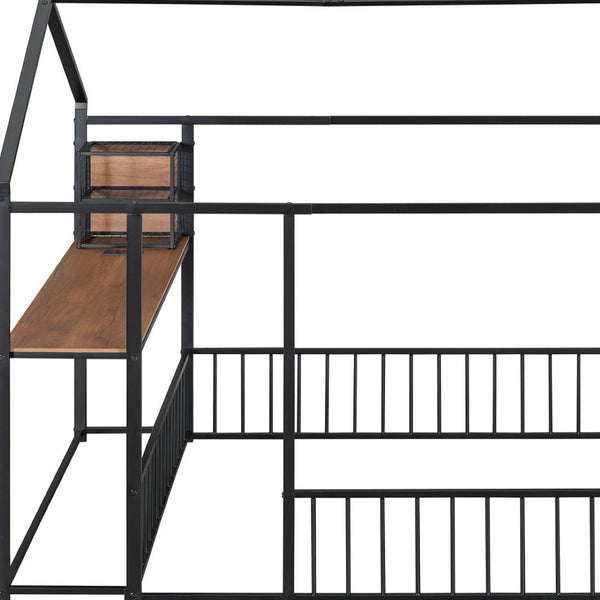 HomeRoots Black Metal Full House Bed Frame with USB Port - Stylish, Durable Design for Ultimate Comfort & Convenience 592783