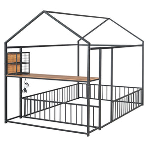 HomeRoots Black Metal Full House Bed Frame with USB Port - Stylish, Durable Design for Ultimate Comfort & Convenience 592783