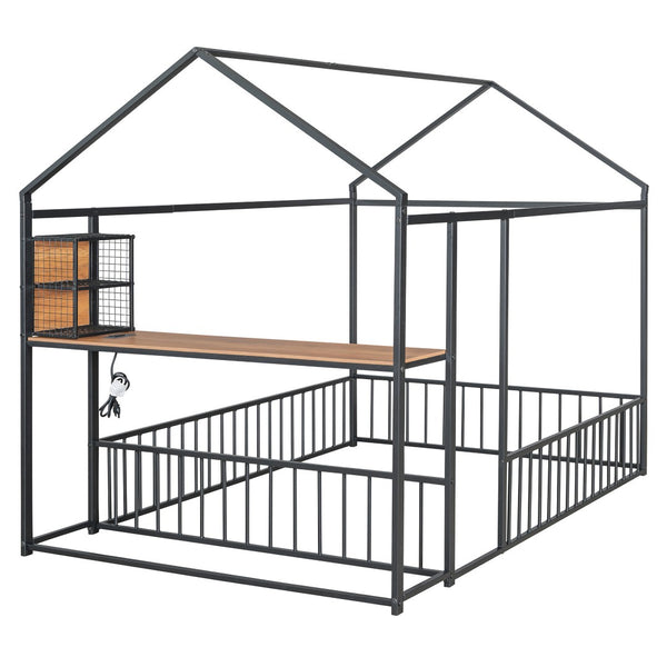 HomeRoots Black Metal Full House Bed Frame with USB Port - Stylish, Durable Design for Ultimate Comfort & Convenience 592783