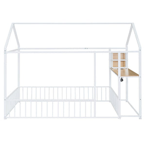 HomeRoots White Metal Full House Bed with Integrated USB Port, Sturdy Design & Modern Style for Comfort 592784