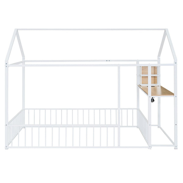 HomeRoots White Metal Full House Bed with Integrated USB Port, Sturdy Design & Modern Style for Comfort 592784