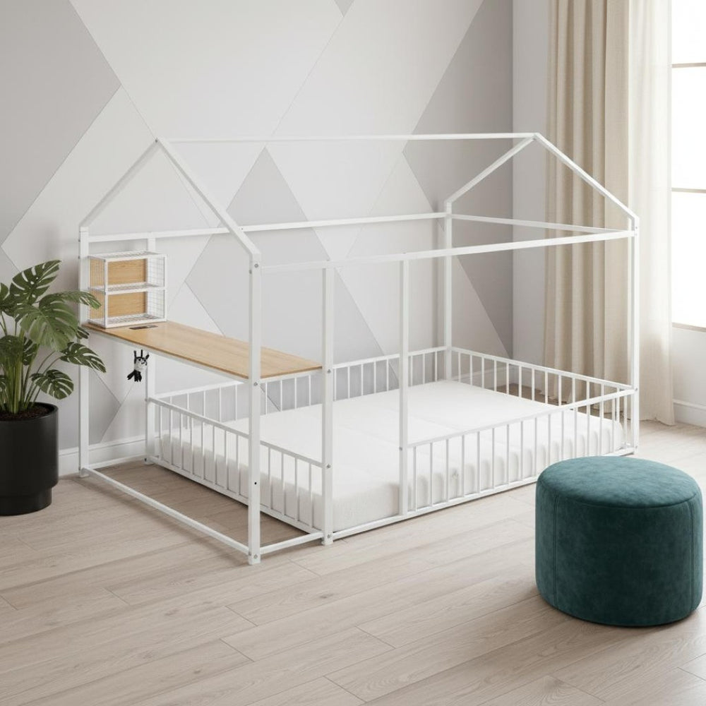 HomeRoots White Metal Full House Bed with Integrated USB Port, Sturdy Design & Modern Style for Comfort 592784
