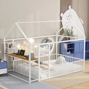 HomeRoots White Metal Full House Bed with Integrated USB Port, Sturdy Design & Modern Style for Comfort 592784