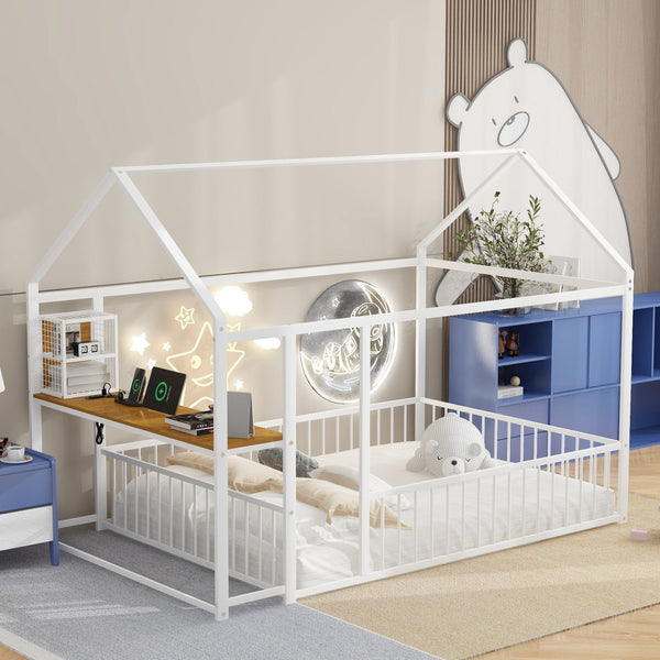HomeRoots White Metal Full House Bed with Integrated USB Port, Sturdy Design & Modern Style for Comfort 592784