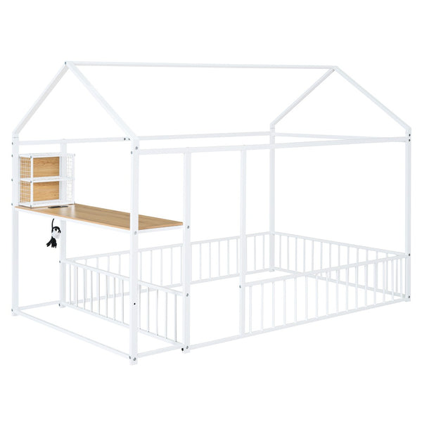 HomeRoots White Metal Full House Bed with Integrated USB Port, Sturdy Design & Modern Style for Comfort 592784