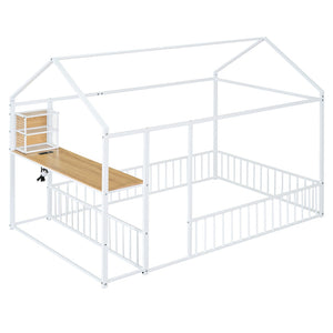 HomeRoots White Metal Full House Bed with Integrated USB Port, Sturdy Design & Modern Style for Comfort 592784
