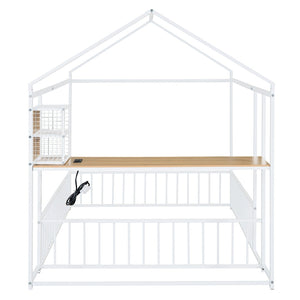 HomeRoots White Metal Full House Bed with Integrated USB Port, Sturdy Design & Modern Style for Comfort 592784