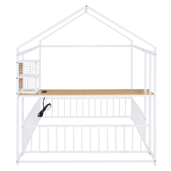 HomeRoots White Metal Full House Bed with Integrated USB Port, Sturdy Design & Modern Style for Comfort 592784