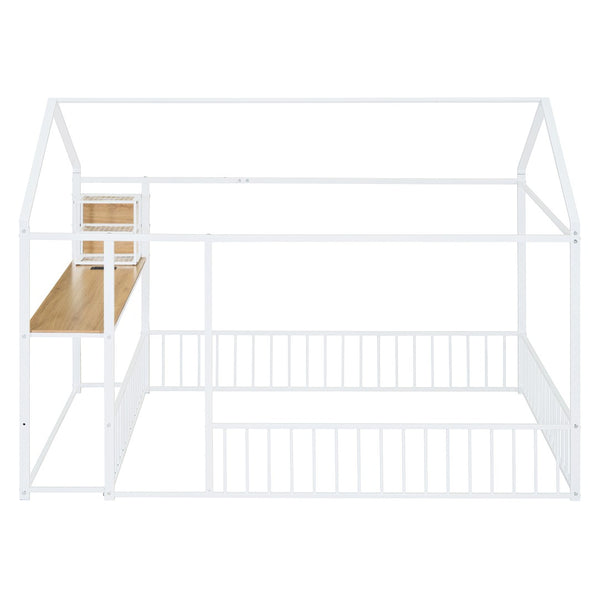 HomeRoots White Metal Full House Bed with Integrated USB Port, Sturdy Design & Modern Style for Comfort 592784