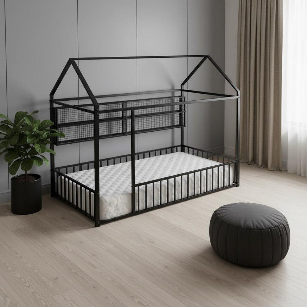 HomeRoots Black Metal Twin House Bed - Stylish Minimalist Design, Durable Frame & Easy Assembly for Kids’ Rooms 592785