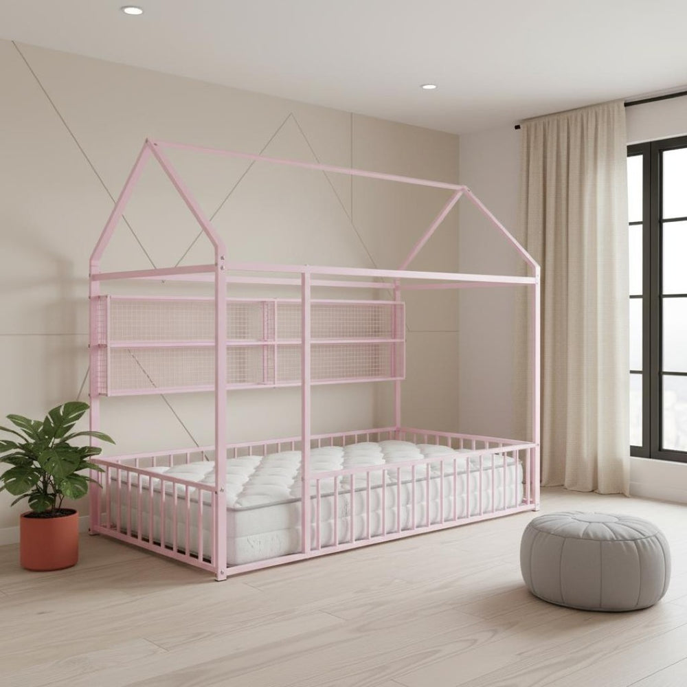 HomeRoots Pink Metal Twin House Bed Frame - Whimsical & Sturdy Design for Kids' Cozy Sleep Space, 300 lbs Capacity 592786