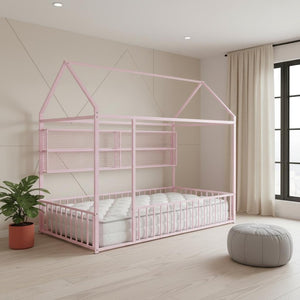 HomeRoots Pink Metal Twin House Bed Frame - Whimsical & Sturdy Design for Kids' Cozy Sleep Space, 300 lbs Capacity 592786