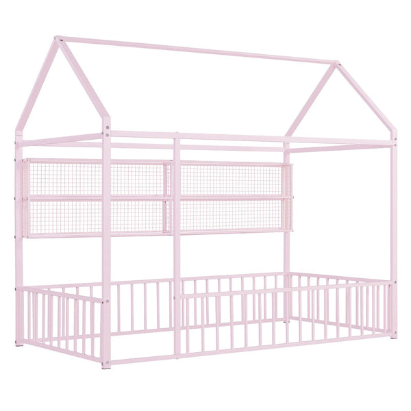 HomeRoots Pink Metal Twin House Bed Frame - Whimsical & Sturdy Design for Kids' Cozy Sleep Space, 300 lbs Capacity 592786