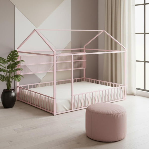 HomeRoots Pink Metal Full House Bed - Whimsical Design with Durable Construction for Teens & Guest Rooms! 592789