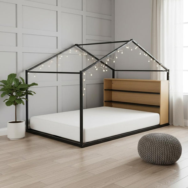 HomeRoots Black Metal Full House Bed Frame - Durable, Stylish Design, No Box Spring Needed, Supports 300lbs 592791