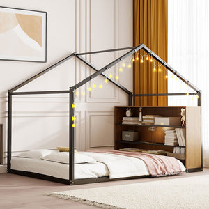 HomeRoots Black Metal Full House Bed Frame - Durable, Stylish Design, No Box Spring Needed, Supports 300lbs 592791