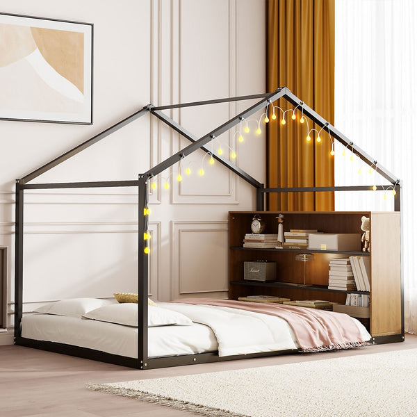 HomeRoots Black Metal Full House Bed Frame - Durable, Stylish Design, No Box Spring Needed, Supports 300lbs 592791